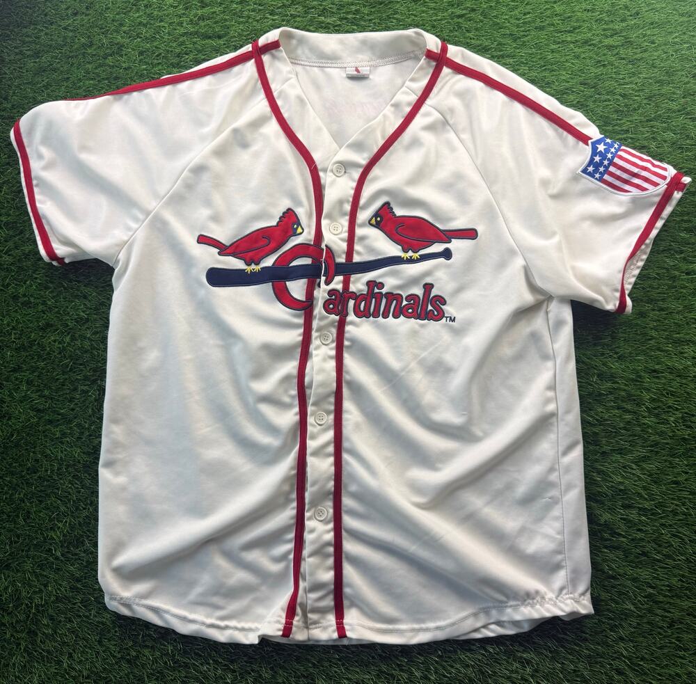 St. Louis Cardinals Jersey Mens XL White Baseball Embroidered USA Flag Patch SGA